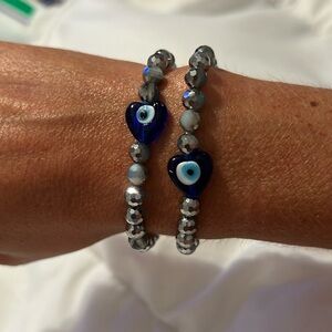 Handmade evil eye bracelet natural silver/blue opal agate